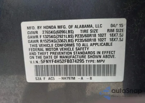 2015 Honda Pilot Ex-L from USA, damaged, VIN 5FNYF4H52FB074295